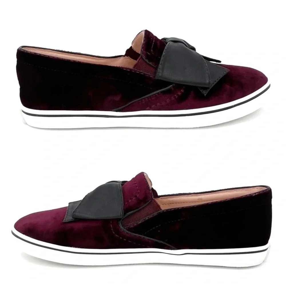 Kate Spade Sneakers Delise Velvet Size 7.5 Wine w/Black Faux Leather Bow New